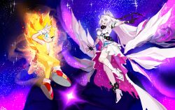 1boy 1girl ankle_flower black_flower blue_eyes cloud_ya colored_extremities commentary crossover dress dress_flower english_commentary finger_gun flower flying full_body furry furry_male gloves hedgehog_boy high_heels high_ponytail highres honkai_(series) honkai_impact_3rd kiana_kaslana kiana_kaslana_(herrscher_of_finality) long_hair neck_flower open_mouth ponytail purple_hands red_shoes salute shoes smile sonic_(series) sonic_the_hedgehog star_(sky) super_sonic very_long_hair white_dress white_gloves white_hair white_shoes yellow_fur