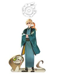 1boy aqua_hakama aqua_kimono black_sandals black_socks blonde_hair brown-tinted_eyewear commentary covered_eyes crossed_arms crossover facing_viewer final_fantasy final_fantasy_xiv full_body gen_8_pokemon hakama hancock_fitzgerald highres hyur japanese_clothes kimono male_focus nintendo obi on_shoulder poke_ball pokemon pokemon_(creature) pokemon_on_shoulder potion_lilac round_eyewear sandals sash short_hair silicobra simple_background smirk socks solo standing sunglasses swept_bangs tatsugiri tatsugiri_(curly) tinted_eyewear two-sided_fabric white_background wide_sleeves zouri