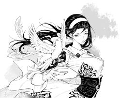 Rule 34 | 1girl, bird, bird on hand, black hair, breasts, dress, gloves, greyscale, hairband, highres, kazama jun, looking at viewer, monochrome, murderking666, simple background, solo, tekken, tekken 8, white bird, white dress, white gloves, white hairband