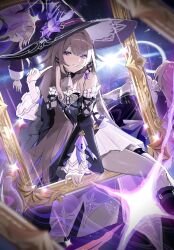 Rule 34 | 3girls, bare shoulders, black dress, black pantyhose, breasts, brown hair, commentary request, detached sleeves, doll joints, dress, empty picture frame, hat, herta (honkai: star rail), herta (puppet) (honkai: star rail), highres, honkai: star rail, honkai (series), joints, long hair, looking at viewer, multiple girls, otsuna0507, pantyhose, picture frame, purple eyes, sitting, small breasts, smile, space, the herta (honkai: star rail), very long hair, witch hat