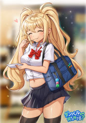 1girl ^_^ bad_id bad_pixiv_id bag belly blonde_hair blush bow bowtie breasts charm_(object) closed_eyes collared_shirt cowboy_shot dumbbell_nan_kilo_moteru? eating female_focus food happy heart highres long_hair medium_breasts midriff navel pleated_skirt pn_(wnsl216) red_bow red_bowtie sakura_hibiki school_uniform shirt short_sleeves skirt smile solo standing stomach takoyaki tan thighhighs twintails