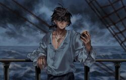 1boy axis_powers_hetalia brown_hair cloud cloudy_sky cross cross_necklace dark-skinned_male dark_skin day green_eyes grey_shirt grey_sky highres holding jewelry latin_cross long_sleeves male_focus medium_hair mole mole_under_eye necklace ocean outdoors pectoral_cleavage pectorals peroncho_0309 ponytail portugal_(hetalia) puffy_sleeves shirt sky smile solo upper_body water