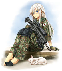 1girl absurdres assault_rifle barefoot battle_rifle blue_eyes blush cat commentary feet female_focus full_body gloves gun h&amp;k_hk417 heckler_&amp;_koch highres japan_ground_self-defense_force japan_self-defense_force jpc knee_pads long_hair looking_at_viewer military military_uniform original rifle scope signature sitting sleeves_rolled_up smile sniper_rifle socks soldier solo weapon white_hair