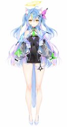 1girl absurdres bare_shoulders blue_hair closed_mouth cybermyth full_body hair_ornament halo highres jacket long_hair looking_at_viewer off_shoulder rebellion_godsoul smile solo standing virtual_youtuber