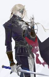 Rule 34 | 1girl, absurdres, ascot, black cape, blindfold, blonde hair, blue jacket, blue pants, cape, covered eyes, cowboy shot, dagger, duchess (elden ring), elden ring, elden ring nightreign, expressionless, from side, gloves, highres, holding, holding dagger, holding knife, holding pocket watch, holding weapon, jacket, knife, medium hair, nslacka, pants, pocket watch, simple background, solo, watch, weapon, white ascot, white background, white gloves