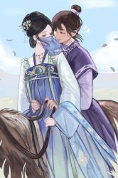 2girls black_eyes black_hair blue_hanfu blue_sky chinese_clothes closed_mouth commentary earrings flower_hairpin hair_bun hair_ornament hanfu highres horse horseback_riding jewelry julia_(julinhei) lin_buxian long_sleeves mole mole_under_eye mouth_veil multiple_girls open_mouth purple_hanfu riding ruzhui signature sky smile symbol-only_commentary veil yun_an