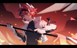 1boy 404iamthetruth aotu_world armband black_shirt chinese_commentary cropped_jacket embers gloves goggles goggles_on_head hair_between_eyes headgear highres holding holding_weapon jacket letterboxed long_sleeves looking_at_viewer male_focus open_clothes open_jacket parted_lips pius_(aotu_world) pointy_ears polearm red_background red_eyes red_hair scar scar_on_face shirt short_hair smile solo turtleneck upper_body weapon white_gloves white_jacket