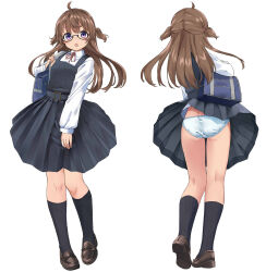 1girl :o absurdres ahoge amemiya_sekira ass bag black-framed_eyewear black_dress black_socks brown_hair brown_shoes butt_crack collared_shirt commentary_request dress glasses hand_up highres holding_strap loafers long_hair long_sleeves looking_at_viewer multiple_views neck_ribbon open_mouth original panties pinafore_dress pleated_dress puffy_long_sleeves puffy_sleeves purple_eyes red_ribbon ribbed_socks ribbon school_bag school_uniform sekira_ame semi-rimless_eyewear shirt shoes simple_background sleeveless sleeveless_dress socks two_side_up under-rim_eyewear underwear white_background white_panties white_shirt wind wind_lift
