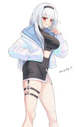 &gt;:) 1girl absurdres artist_name black_hairband black_nails black_skirt breasts cowboy_shot crop_top crossed_bangs grin hairband hakase_fuyuki hand_in_pocket highres hood hoodie large_breasts light_blush long_hair looking_at_viewer midriff nijisanji open_clothes open_hoodie red_eyes scopedog_12 skirt smile smug solo sparkle standing taut_clothes taut_skirt teeth tented_shirt thigh_strap turtleneck v-shaped_eyebrows virtual_youtuber white_background white_hair