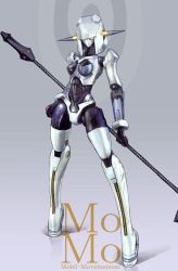 Rule 34 | 1girl, absurdres, blunt bangs, bob cut, breasts, english text, full body, high heels, highres, holding, holding polearm, holding weapon, humanoid robot, mecha musume, medium breasts, medium hair, momo (optune), nakakita kouji, no humans, optune, original, polearm, robot, robot girl, science fiction, second-party source, simple background, solo, spear, standing, thighhighs, weapon, white hair, white thighhighs, wrist cuffs, yellow eyes