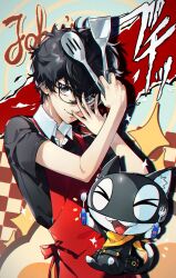 Rule 34 | &gt; &lt;, 1boy, :3, alternate costume, amamiya ren, animal ears, apron, bandana, bandana around neck, black eyes, black hair, black shirt, cat ears, cat tail, eyelashes, fangs, fork, glasses, highres, holding, holding fork, holding spatula, holding spoon, male focus, mask, morgana (persona 5), open mouth, persona, persona 5, polo shirt, red apron, shirt, short hair, smile, spatula, spoon, tail, themoonrabbit, yellow bandana