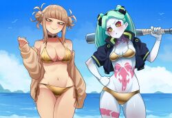 2girls :t artificial_eye baseball_bat bikini black_choker black_jacket blonde_hair blue_sky blush boku_no_hero_academia breasts choker cloud colored_sclera colored_skin commentary cropped_jacket crossover cyberpunk_(series) cyberpunk_edgerunners cyborg double_bun english_commentary fang gluteal_fold golden_week_bikini green_hair hair_bun hand_on_own_hip highres holding holding_baseball_bat holding_weapon horizon jacket large_breasts leg_tattoo long_hair looking_at_viewer mechanical_eye medium_breasts mole mole_under_mouth multiple_girls navel neck_tattoo ocean outdoors over_shoulder pout rebecca_(cyberpunk) red_sclera side-tie_bikini_bottom sky smile stomach_tattoo swimsuit tattoo thighs toga_himiko twintails unusualpie water weapon weapon_over_shoulder
