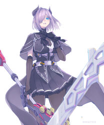 Rule 34 | 1girl, arm at side, assault lily, belt, black belt, black bow, black bowtie, black capelet, black gloves, black horns, black shirt, black skirt, blue eyes, bow, bowtie, breasts, buckle, capelet, clenched hand, cowboy shot, crying, crying with eyes open, elbow gloves, fingerless gloves, gloves, grey hair, hair over one eye, half updo, hand up, hashtag-only commentary, holding, holding polearm, holding weapon, horns, large breasts, looking at viewer, mila (yuta27315), miniskirt, one eye covered, parted lips, planted, pleated skirt, polearm, sekino youko, shirt, short hair, simple background, skirt, snap-fit buckle, solo, standing, tears, twitter username, two-tone shirt, waist cape, weapon, wet, wet clothes, wet hair, wet pantyhose, wet skirt, white background, white shirt