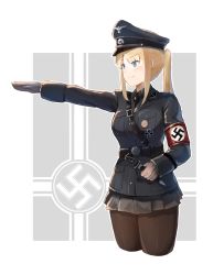 1girl absurdres armband black_hat black_jacket black_pantyhose blonde_hair blue_eyes dagger female_focus germany hat highres holding holding_dagger holding_knife holding_weapon jacket knife long_sleeves microskirt military military_uniform nazi original pantyhose peaked_cap pleated_skirt scabbard sheath sheathed skirt smile solo swastika unicron_(brous) weapon world_war_ii