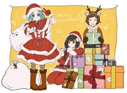 Rule 34 | 3girls, animal costume, animal ears, antlers, araragi tsukihi, arm up, black hair, boots, bow, box, brown eyes, brown footwear, brown hair, character request, check character, closed eyes, dress, eating, egg hair ornament, fake animal ears, fake horns, food, food-themed hair ornament, full body, gift, gift box, gloves, green eyes, green hair, hair ornament, hat, holding, holding food, holding sack, horns, long hair, medium hair, merry christmas, monogatari (series), multiple girls, ononoki yotsugi, pantyhose, red bow, red dress, red gloves, reindeer antlers, reindeer costume, sack, santa costume, santa dress, santa hat, sengoku nadeko, short hair, striped clothes, striped pantyhose, twintails, v, valhalla0707