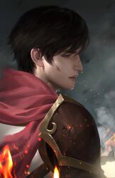 1boy armor asian black_eyes black_hair chinese_commentary closed_mouth cloud cloudy_sky commentary_request day embers expressionless eyelashes fire from_behind injury looking_to_the_side male_focus outdoors pauldrons pink_lips quan_zhi_gao_shou realistic red_scarf scarf short_hair shoulder_armor sky solo thick_eyebrows thick_lips tunic upper_body white_tunic ye_dian_pikaqiu ye_xiu