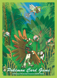 absurdres arrow_(projectile) artist_request bird blue_sky border closed_eyes closed_mouth commentary_request company_name copyright_name copyright_notice dartrix day decidueye evolutionary_line flying foongus gen_2_pokemon gen_5_pokemon gen_7_pokemon grass green_border heracross highres nature nintendo official_art outdoors pokemon pokemon_(creature) pokemon_focus pokemon_tcg rowlet second-party_source sky sunlight tree