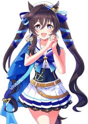 Rule 34 | 1girl, absurdres, belt, beret, collarbone, covered navel, earrings, fingernails, hair between eyes, hair ornament, hat, highres, jewelry, long hair, looking at viewer, mole, mole under eye, own hands together, purple eyes, single earring, solo, tawashi hechima, thighs, twintails, umamusume, vivlos (umamusume), white background