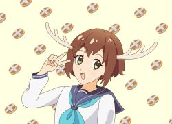 1girl :3 :d brown_hair deer_girl deer_horns green_eyes horns open_mouth patterned_background school_uniform shikanoko_noko shikanoko_nokonoko_koshitantan smile solo tagme upper_body v yellow_background