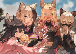 Rule 34 | 4girls, absurdres, animal ear fluff, animal ears, animal print, bengal cat-chan (katsu), black hair, black shirt, blonde hair, blue eyes, blurry, blurry background, calico cat-chan (katsu), cat ears, cat girl, cat tail, eating, food, green eyes, grey hair, highres, holding, holding food, holding phone, jacket, katsu (katsupainter), kuroneko-chan (katsu), leopard print, long hair, long sleeves, mask, mouth mask, multicolored hair, multiple girls, navel, original, pastry, phone, pink jacket, shirt, short hair, siamese cat-chan (katsu), tail, two-tone hair, white shirt, yellow eyes