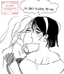 2girls alien_stage bob_cut closed_eyes commentary earrings english_commentary english_text hairband jewelry kiss koaen0024 long_hair mizi_(alien_stage) multiple_girls reference_inset short_hair sketch speech_bubble strawpage sua_(alien_stage) thought_bubble yuri