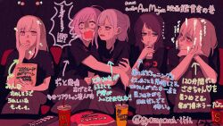 5girls adversarial_noise ave_mujica_(bang_dream!) bang_dream! bang_dream!_it&#039;s_mygo!!!!! black_hair black_pants black_shirt black_skirt blonde_hair blue_eyes blue_hair commentary_request controller cup disposable_cup eating food green_hair gyozapouch hairband hand_on_another&#039;s_arm highres indoors long_hair looking_at_another mcdonald&#039;s misumi_uika multiple_girls open_mouth pants partially_shaded_face popcorn purple_eyes remote_control shirt short_sleeves shouting sitting skirt sweatdrop togawa_sakiko translation_request twitter_username unworn_eyewear wakaba_mutsumi watching_television yahata_umiri yellow_hairband yuutenji_nyamu