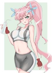 1girl absurdres aqua_eyes bike_shorts blush bottle breasts female_focus fingerless_gloves freedom gloves hair_ears high_ponytail highres holding holding_bottle long_hair looking_at_viewer maria_cadenzavna_eve medium_breasts midriff navel one_eye_closed open_mouth pink_hair ponytail red_gloves senki_zesshou_symphogear solo
