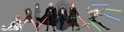 6+girls absurdres bad_id bad_pixiv_id bandolier belt black_hair blonde_hair blue_eyes boots bow_(weapon) brown_eyes brown_hair cape charlotte_e._yeager chewbacca chewbacca_(cosplay) cloak cosplay count_dooku count_dooku_(cosplay) crossbow crossover darth_vader darth_vader_(cosplay) eila_ilmatar_juutilainen energy_sword francesca_lucchini general_grievous general_grievous_(cosplay) grand_moff_tarkin_(cosplay) green_eyes hair_ribbon hanna-justina_marseille hattori_shizuka helmet highres lightsaber long_hair long_image lynette_bishop minna-dietlinde_wilcke multiple_girls palpatine palpatine_(cosplay) pink_hair ponytail purple_eyes red_eyes red_hair ribbon sitting star_wars stormtrooper strike_witches sword thighhighs weapon wide_image wilhuff_tarkin world_witches_series yatsuhashi_kakera yellow_eyes