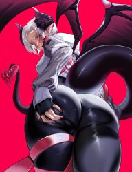 1girl absurdres archimedesu99 ass ass_focus black_bodysuit black_gloves blush bodysuit breasts brown_dust_(series) brown_dust_2 cameltoe commission demon_girl demon_horns demon_tail demon_wings faye_(vtuber) fingerless_gloves flower from_behind gloves hair_flower hair_ornament heart heart_tail highres horns indie_virtual_youtuber jacket large_breasts large_tail lips looking_at_viewer looking_back meme open_mouth pink_eyes pointy_ears red_background round_eyewear short_hair simple_background skin_tight smile solo spread_ass spreading_own_ass tail teeth white_hair white_jacket wilhelmina_stretch_(meme) wings