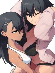 2girls ahri_el90 annoyed arms_up bikini black_bra black_hair black_panties bra breast_envy breasts brown_eyes cleavage closed_mouth cowboy_shot jacket large_breasts long_hair looking_at_viewer looking_down medium_breasts mole mole_under_eye multiple_girls nagatoro_hayase nagatoro_misaki navel one_eye_closed panties pink_jacket short_hair siblings simple_background sisters swimsuit tan tanline underwear white_background white_bikini wink