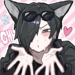 1boy animal_ears black_eyes black_hair black_jacket blowing_kiss blush chino_(sky_tanosi) commentary_request dog_boy dog_ears flying_sweatdrops hair_over_one_eye hands_up heart jacket looking_at_viewer male_focus original pink_background short_hair solo striped_background sunglasses sweat upper_body