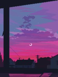 building cityscape cloud eastblueace evening gradient_sky highres house moon no_humans original outdoors pink_sky pixel_art power_lines scenery sky sunset utility_pole
