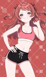 1girl :3 absurdres amashi_2278 bare_arms black_shorts blush breasts brown_hair cleavage collarbone cowboy_shot dolphin_shorts dotted_line doyagao gakuen_idolmaster hanami_saki hand_on_own_hip highres idolmaster long_hair looking_at_viewer medium_breasts navel red_background red_sports_bra short_shorts shorts smug solo sports_bra thighs toned toned_female two_side_up v-shaped_eyebrows workout_clothes