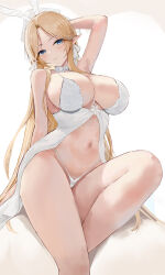 1girl absurdres animal_ears arm_behind_head arm_up armpits azur_lane bare_shoulders blonde_hair blue_eyes breasts brest_(azur_lane) closed_mouth fake_animal_ears head_tilt highleg highleg_panties highres huge_breasts long_hair looking_at_viewer navel nightgown panties parted_bangs pointy_ears rabbit_ears sideboob smile solo string_panties suo_bu_ye_feng thighs underwear very_long_hair white_nightgown white_panties