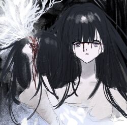 Rule 34 | 1girl, akai ringo (eveyuno), black background, black hair, blood, blood on face, bloody tears, empty eyes, highres, long hair, looking at viewer, nude, original