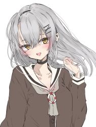 1girl alternate_hairstyle amatsukaze_(kancolle) black_choker brown_dress brown_eyes chigasaki_yukari choker commentary_request dress grey_hair grey_neckerchief hair_down highres kantai_collection lifebuoy_ornament long_hair long_sleeves looking_at_viewer neckerchief open_mouth sailor_collar sailor_dress smile solo teeth upper_body upper_teeth_only white_sailor_collar