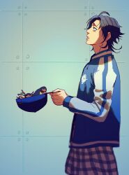 Rule 34 | 1boy, :o, ahoge, animal, baseball cap, bird, bird nest, bird request, black hair, blue jacket, blurry, clothes around waist, cowboy shot, curtained hair, depth of field, fingernails, flannel, from side, green eyes, hat, holding, holding unworn clothes, holding unworn hat, hypnosis mic, iria59, jacket, long sleeves, looking up, male focus, mole, mole under eye, mole under mouth, mullet, multicolored jacket, multiple moles, parted bangs, parted lips, profile, raised inner eyebrows, shirt, shirt around waist, short hair, solo, twig, two-tone jacket, unworn hat, unworn headwear, white jacket, yamada jiro