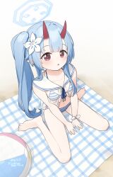 1girl absurdres ball barefoot beachball bikini blue_archive blue_bikini blue_hair blue_halo chise_(blue_archive) chise_(swimsuit)_(blue_archive) flower from_above gradient_horns hair_flower hair_ornament halo halterneck highres horns kafuukamiya long_hair looking_at_viewer looking_up multicolored_horns official_alternate_costume own_hands_together pointy_ears red_eyes sailor_bikini sailor_collar side_ponytail sitting skin-covered_horns solo striped_bikini striped_clothes swimsuit v_arms wariza white_sailor_collar