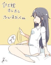 1girl bare_legs barefoot black_hair bottomless commentary_request dress_shirt facebook female_focus from_side lap lap_pillow_invitation long_hair long_sleeves patting personification profile red_eyes shirt signature sitting solo translation_request tsukigi white_shirt