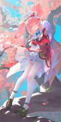 1girl absurdres blue_eyes blue_hair brown_shoes dress floating_hair full_body gradient_hair hat highres honkai:_star_rail honkai_(series) hyacine_(honkai:_star_rail) long_sleeves multicolored_hair one_eye_closed pantyhose pink_hair red_dress red_hat ribao shoes solo standing standing_on_branch twintails white_pantyhose