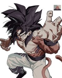 1boy black_hair black_shoes claw_pose closed_mouth commentary_request dragon_ball dragon_ball_gt fighting_stance foot_out_of_frame highres limited_palette looking_at_viewer male_focus manatsu_no_yo_no_inmu meme monkey_tail muscular muscular_male pants shoes simple_background smile solo son_goku spiked_hair super_saiyan super_saiyan_4 tail tirano_tenchou v-shaped_eyebrows white_background white_pants yellow_eyes yjsnpi_interview_(meme)