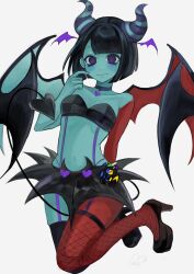 1girl alternate_costume black_hair blue_skin blunt_bangs choker colored_skin demon_girl demon_horns demon_tail demon_wings ena:_dream_bbq ena_(dream_bbq)_(joel_g) ena_(joel_g) ena_(series) ena_(species) fishnet_thighhighs fishnets hangover_ena_(joel_g) happy_ena head_wings high_heels highres horns mismatched_thighhighs purple_eyes short_hair skirt sweat tail thighhighs usagimarumei white_background wings