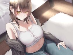 1girl bed bed_sheet black_choker black_jacket blue_pants breasts brown_hair choker cleavage closed_mouth collarbone denim highres jacket jeans large_breasts looking_at_viewer medium_hair navel onineko-chan original pants rug sidelocks sitting smile solo sports_bra tank_top white_tank_top wooden_floor yellow_eyes