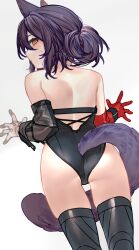 1girl animal_ears arknights armpit_crease ass asymmetrical_gloves back backless_leotard backless_outfit bare_back bare_hips bare_shoulders black_hair black_leotard black_sleeves black_thighhighs blush cat_ears cat_girl cat_tail closed_mouth detached_sleeves elbow_gloves fluffy from_behind gloves highleg highleg_leotard highres kochiya_(gothope) leotard looking_at_viewer looking_back mismatched_gloves nose red_gloves rockrock_(arknights) short_hair single_detached_sleeve solo strapless strapless_leotard sweat sweatdrop tail thighhighs thighs turning_head white_background white_gloves yellow_eyes