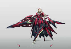 1girl absurdres armor blonde_hair breasts character_name cleavage dress full_body green_eyes grey_background highres holding holding_sword holding_weapon jhcrow3 large_breasts long_hair mecha_musume original red_dress science_fiction solo sword weapon yellow_eyes