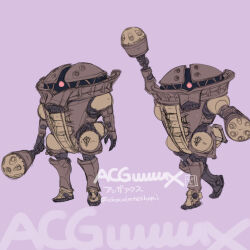 Rule 34 | acguy, choco (chocolate shop), gundam, gundam gquuuuuux, highres, holding, holding weapon, instrument, maracas, mecha, mecha focus, mobile suit, mobile suit gundam, no humans, one-eyed, parody, purple background, redesign, robot, science fiction, style parody, twitter username, weapon, zeon