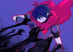 1other 2025 armor black_hands black_unitard blue_hair colored_extremities deltarune hair_over_one_eye highres holding_another&#039;s_wrist kris_(dark_world)_(deltarune) kris_(deltarune) negio_(negi91_rb) other_focus red_eyes short_hair soul_(deltarune) sweat twitter_username
