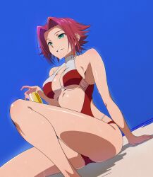 1girl alternate_eye_color bare_shoulders blue_background breasts can cleavage cleavage_cutout clothing_cutout code_geass collarbone female_focus green_eyes holding holding_can kouzuki_kallen medium_breasts medium_hair parted_bangs puge red_hair shiny_skin simple_background sitting swimsuit teeth wet