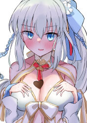 1girl absurdres bare_shoulders bikini blue_eyes blue_nails blush braid breasts candy chocolate chocolate_heart chocolate_on_body chocolate_on_breasts cleavage commentary detached_sleeves fate/grand_order fate_(series) food food_on_body hair_between_eyes hands_on_own_chest heart heart-shaped_food highres large_breasts long_hair looking_at_viewer momiji_mutsuki morgan_le_fay_(fate) morgan_le_fay_(water_princess)_(fate) necktie open_mouth ponytail red_necktie shy simple_background smile solo swimsuit twin_braids white_background white_bikini white_hair