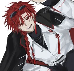 1boy :d arm_up artist_name black_jacket black_pants black_shirt braid braided_ponytail chinese_clothes chinese_knot collared_shirt earrings eyeshadow eyewear_on_head fangs hair_between_eyes hair_over_shoulder highres jacket jacket_on_shoulders jewelry lin_xo0ox long_hair long_sleeves looking_at_viewer makeup male_focus necklace open_mouth pants red_eyes red_eyeshadow red_hair shiguang_dailiren shirt signature simple_background single_braid single_earring smile solo sunglasses tassel tassel_earrings teeth upper_body white_background white_shirt xiao_weiying